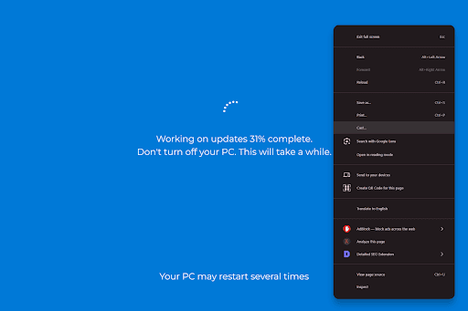 Menu contextuel du navigateur sur la fausse mise à jour de Windows 10
