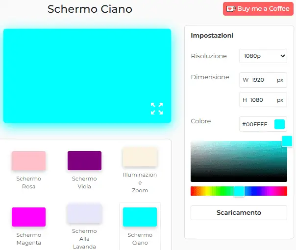 Pannello delle impostazioni dello schermo ciano