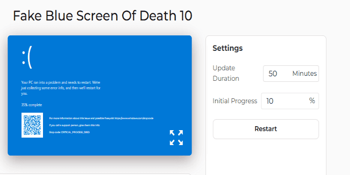 Fake Blue Screen of Death 10 Settings Panel