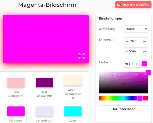 Magenta-Bildschirmeinstellungsfeld