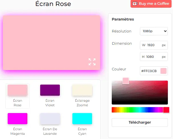 Panneau de paramètres de l'outil d'écran rose