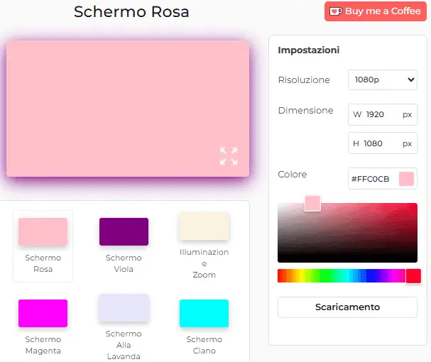 Pannello delle impostazioni dello strumento Schermo rosa