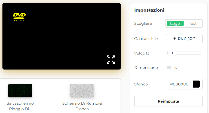 Pannello delle impostazioni del nostro salvaschermo DVD