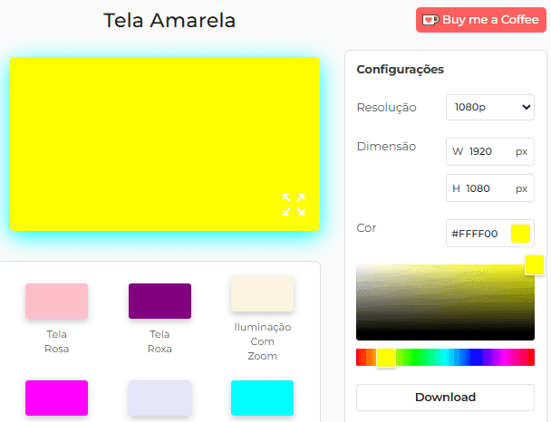 Painel de configurações de tela amarela