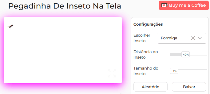 Painel de configurações da ferramenta de pegadinha de bug na tela