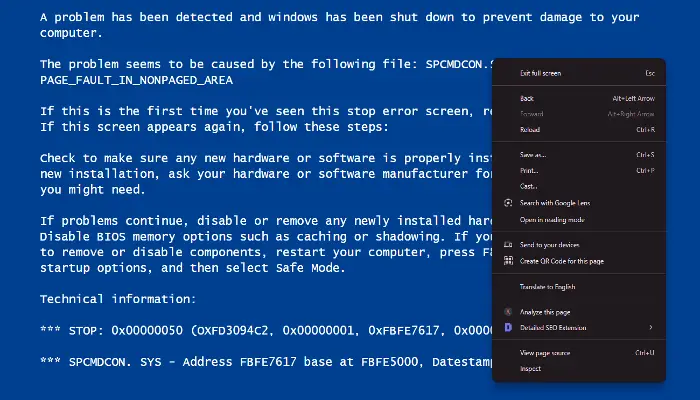 Klicken Sie mit der rechten Maustaste, um nach dem Browsermenü zu suchen und den gefälschten Blue Screen of Death XP zu erkennen