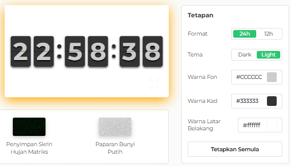 Panel Tetapan Penyelamat Skrin Jam Selak Kami