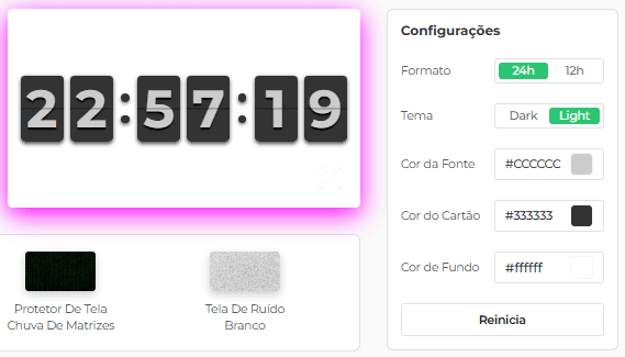 Painel de configurações do nosso protetor de tela Flip Clock