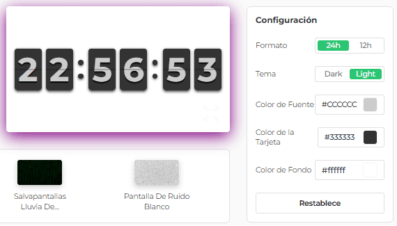 Panel de configuración de nuestro protector de pantalla Flip Clock